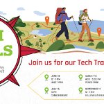 An illustrated promotional graphic for the "Tech Trails" series by West Michigan Tech Talent. The center of the image features a compass with "TECH TRAILS" written inside on August 13, 2024